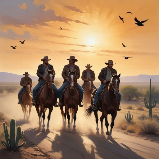 Prompt: On a long and winding desert highway, four figures ride side by side on horseback, silhouetted against the setting sun. Each man is dressed in rugged attire, embodying the spirit of the outlaws and wanderers from the song "The Highwaymen."

The landscape around them is vast and untouched, with rolling hills, cacti, and expansive skies stretching out as far as the eye can see. Dust swirls around the horses' hooves, adding movement and dynamism to the scene.

Above, a flock of birds soars high in the sky, their wings catching the golden light of the setting sun. The atmosphere is filled with a sense of adventure and freedom, capturing the essence of the song's lyrics about life on the open road and the camaraderie between the highwaymen.

The scene portrays a timeless image of brotherhood, resilience, and the allure of the open road, reflecting the themes and spirit of "The Highwaymen."