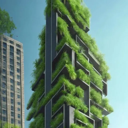 Prompt: Tall skyscrapper with green walls in a city hyperrealistic 