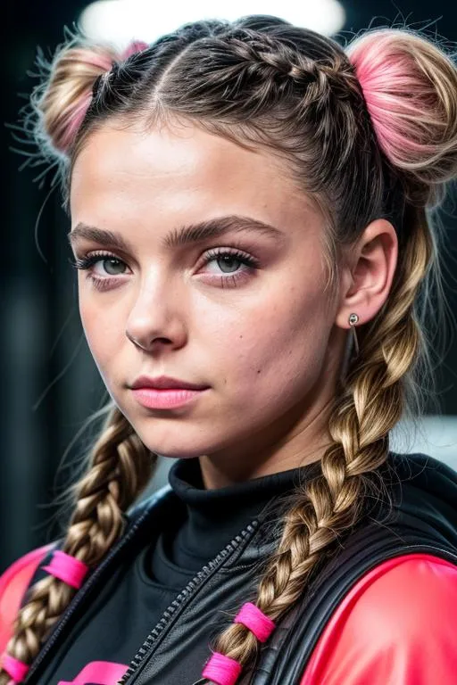 Prompt: (HD 16k RAW photo), (Camren Bicondova|Emma Chamberlain), Girl posing for camera, (Close up face shot), perfect symmetrical eyes and face, (looking at camera), canon m50, (cyberpunk world), braided pigtails, (Cinematic lighting), neon