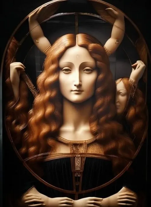 Prompt: (((woman)))), , Leonardo da Vinci's famous "Vitruvian Man". The woman is a ((square)) and a (((double circle))), with 12 ((Celtic knot)) symbols between the two circles. The woman has long, wavy hair. The face is symmetrical, extremely detailed, and charming. the whole body is harmonious, muscular, lean, and beautiful. The arms and legs are anatomically correct. the hands are richly detailed. labia pubis. The Celtic symbol system pervades the whole image. (((foto realistic))), fully colored, {{{highest quality concept art masterpiece}}}