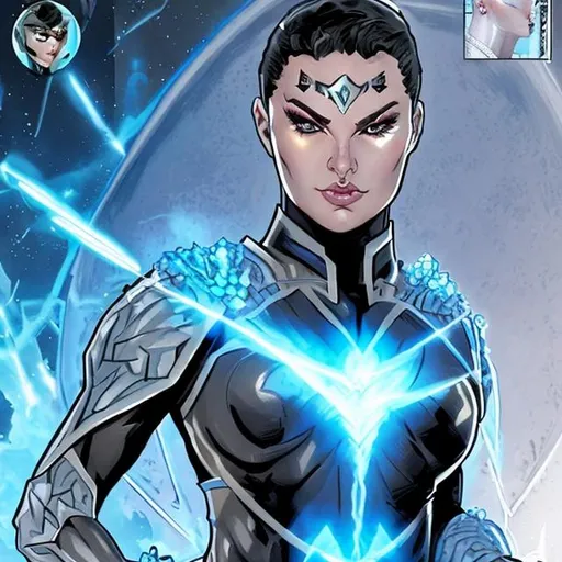 Prompt: Name: Zara Zod
Description: Zara is a Kryptonian strategist and military leader. She has a sleek, silver buzz cut and piercing ice-blue eyes. Zara wears a suit of armor that combines traditional Kryptonian designs with advanced technology, giving her enhanced strength and defensive capabilities. She carries a laser spear and is known for her tactical prowess.

