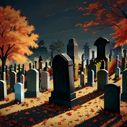 Prompt: draw a fall cemetery, dark toned, dead