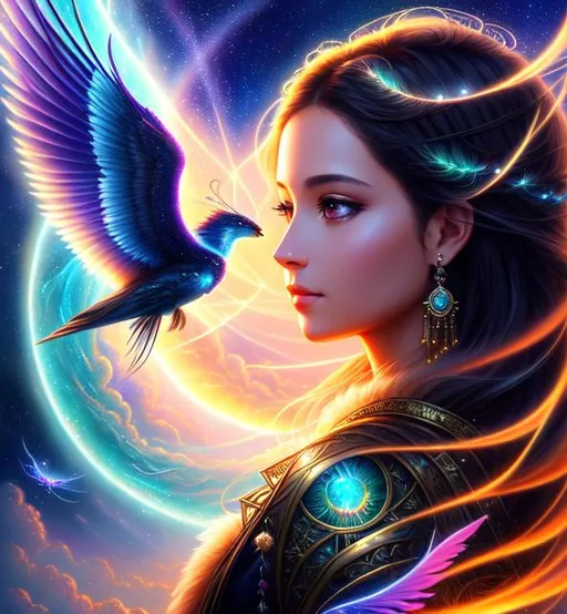 Prompt: painting of air spirit, an intricate and hyperdetailed matte painting by Ekaterina Savic, fantasy art, movie poster, celestial, vaporwave, ethereal, sunshine rays, fireflies, lighting 8k