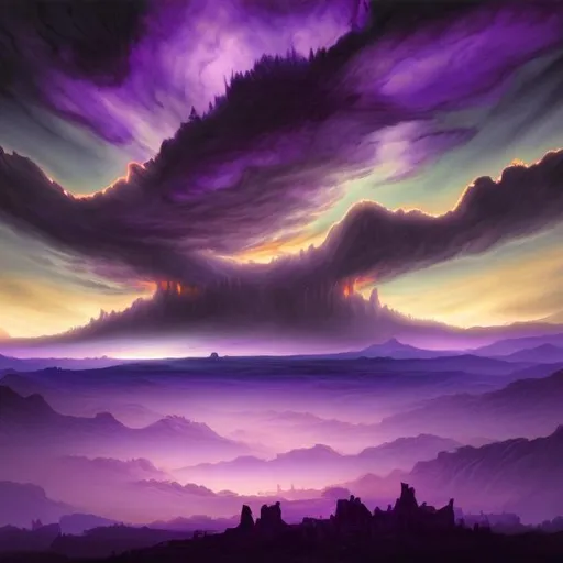 Prompt: Massive phantom landscape with a purple glowing sky