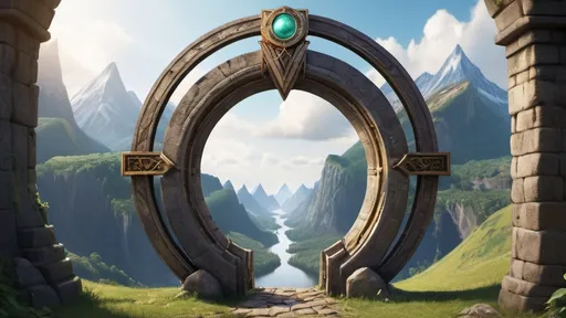 Prompt: circular portal, gateway between cities realms worlds kingdoms, ring standing on edge, freestanding ring, chevrons on ring, complete ring, panoramic view