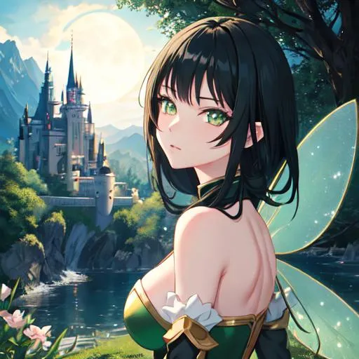Prompt: , fairy, anime woman , black hair, green eyes, near a castle, at night, woman,