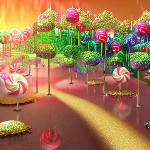 Prompt: Paradise in heaven, Vivid, V-Ray Lighting, Reflections, Refraction, Intricate Details, Realistic, Sharp, Octane Render, UHD, 4K, 8K, pastel colors, chocolate fountain, candy drop trees, beautiful, candy canes, syrup lale, waffle cone mountains, kit cat road

