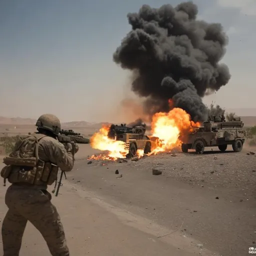 Prompt: Afghanistan firefight with a humvee on fire in the background while people are shooting there m4a1’s and explosions in the background 
