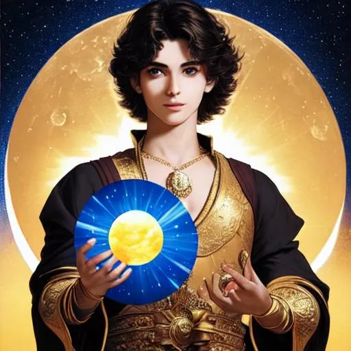 Prompt: A 25 years old prince is holding the sun and moon in his hands. Photorealistic. Ultrarealistic. 