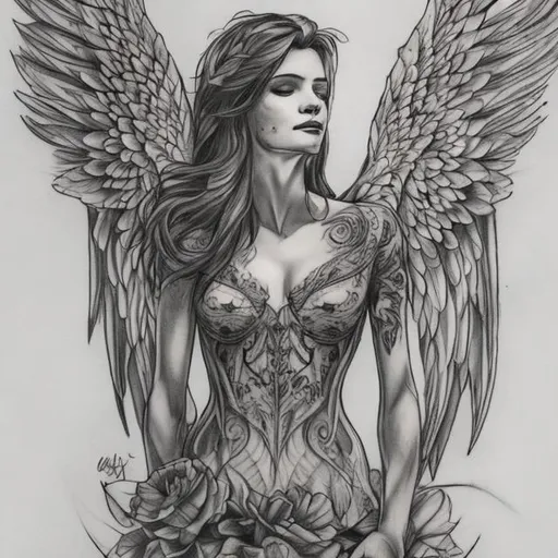 Prompt: Sketchy style tattoo design, angel, full body, mirror between the wings in the background