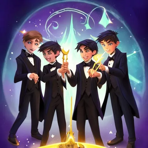 Prompt: Three 13-15 year old magic brothers in tuxedos casting magic spells together with there magic wands