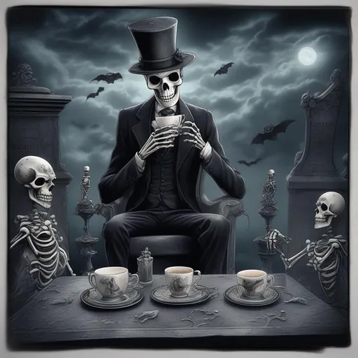 Prompt: skeleton in a suit drinking tea in the cemetery accompanied by ghosts, Tim Burton style, skeleton with insignificant details, perfect anatomy, detailed elegant hat, highly detailed mug, steam coming out of the mug, highly detailed ghosts, mysterious and highly detailed cemetery, steam , mysterious clouds, giant full line, masterpiece, bats, detailed night, light effects achieved, perfect contrasts,