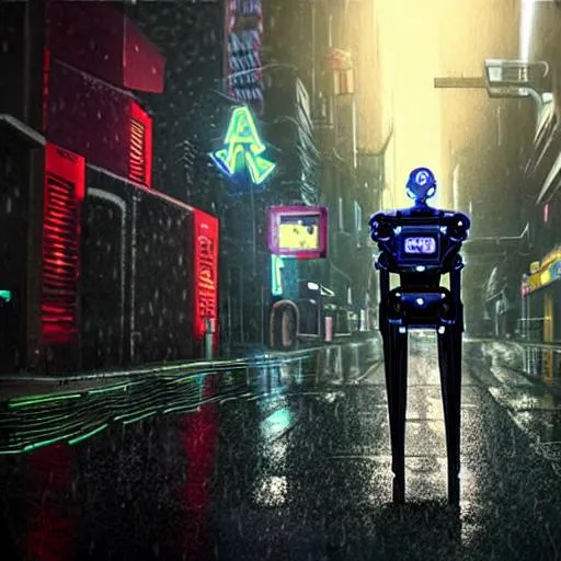 robot detective with high tech armor in a raining cy... | OpenArt