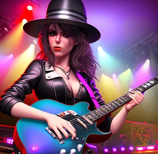 Prompt: 3D, HD, {female}Guitarist in {Rock and Roll Bar}Stage, expansive festive background, fog, laser lights, hyper realistic, 8K --s98500