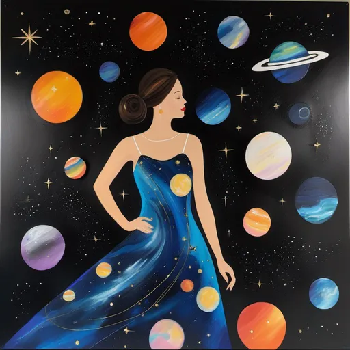 Prompt: a woman wearing outer space as a dress, acrylic