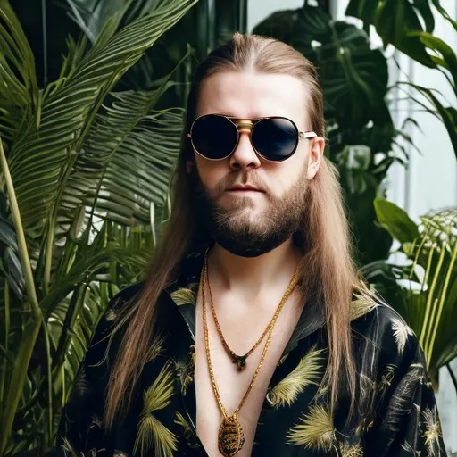Prompt: Norwegian DJ with long hair and a long beard. He is wearing a black turtle neck and gold necklace. Danish modern house with tropical plants. He is wise and young. Star sunglasses.