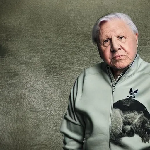 Prompt: photo realistic portrait of David Attenborough wearing an Adidas tracksuit. Full body camera portrait. Photorealistic. 