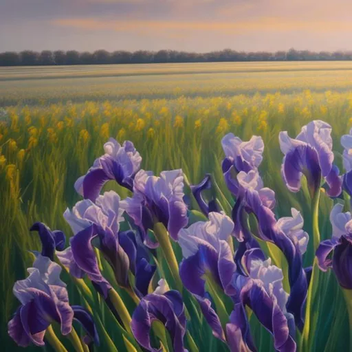 Prompt: a hyper detailed  pastel painting of a field of  iris in a horizon view
