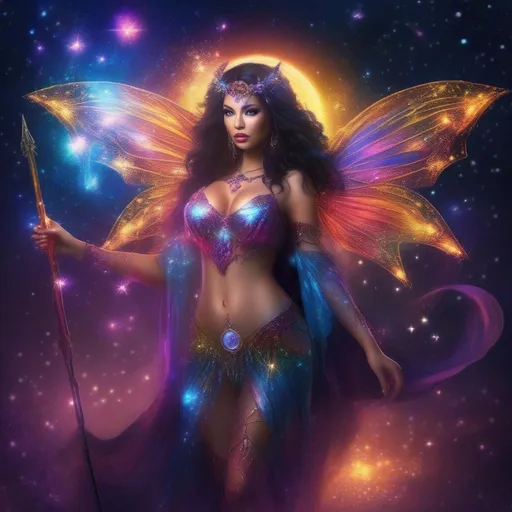 Prompt: A complete body form of a stunningly beautiful, hyper realistic, buxom woman with incredible bright, wearing a colorful, sparkling, dangling, glowing, skimpy, bo-ho, goth,  flowing, sheer, fairy, witch's outfit on a breathtaking night with stars and colors with glowing, detailed  mythical sprite flying about