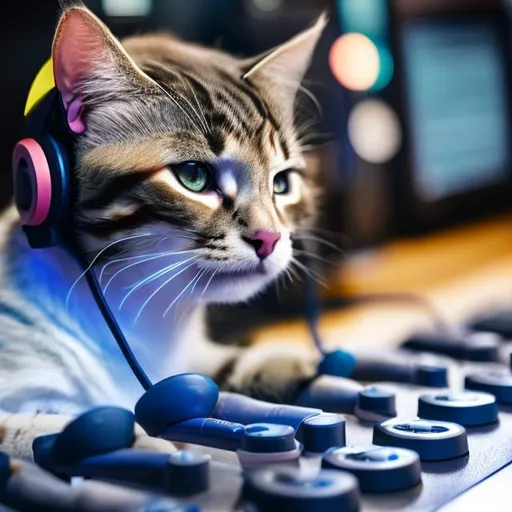 Prompt: cat mixing with headsets