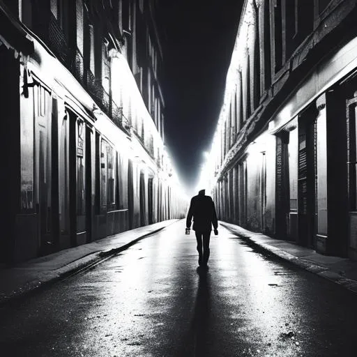 Prompt: walking in dark street. alone one man in midnight. 