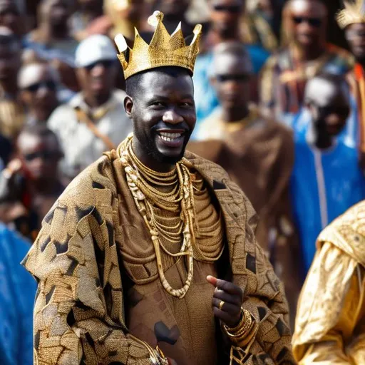 Prompt: An African man wearing clothes like a king with a diamond ring and a gold crown adressing the people