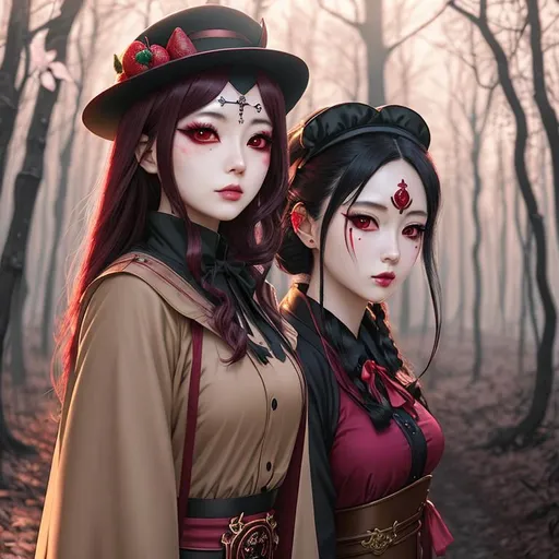 Prompt: there is a woman with blood on her plague mask walking in dark wood in the woods, 2. 5 d cgi anime fantasy artwork, korean girl, 🎀 🧟 🍓 🧚, anime and manga, inspired by Trevor Brown, evil intent, dimly - lit, shodan