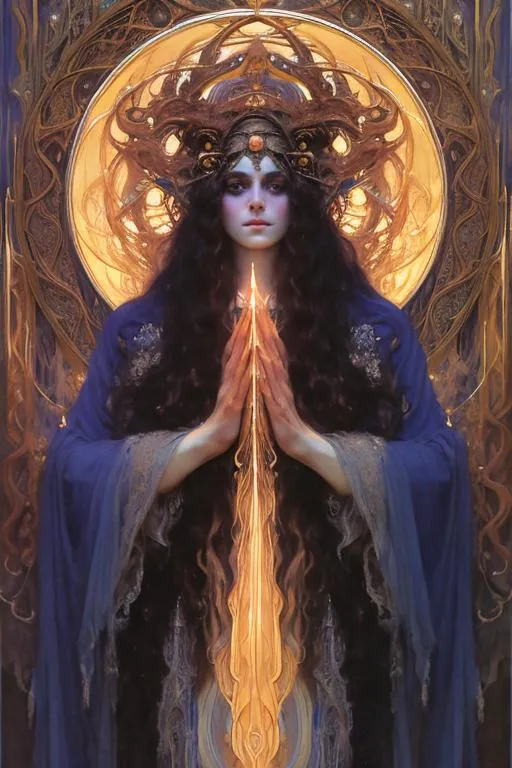 Prompt: symmetrical arcane, close-up portrait beautiful majestic moon goddess, long hair, veil dress, detailed, intricate,  by Aaron Jasinski Arthur Hughes Byam Shaw Joaquin Sorolla Kazuki Takamatsu, super-resolution,  esoteric arcane mystical symbolism, hecate, north mythology