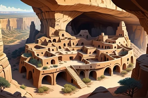 Prompt: Fantasy Illustration of ancient cave-dwellings, mesa verde architecture, entire structure, bird view, immersive world-building, high quality, detailed, epic scale, fantasy, surrounded by desert mountains