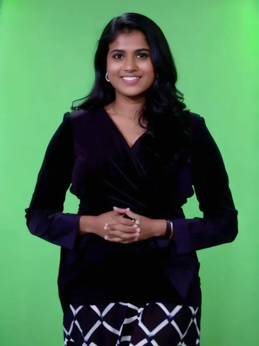 Prompt: generate a  news reader standing full face and head, high bun hair, Anchor, Indian news reader, straight look into the camera, tied hair, in a green screen background, photorealistic, realistic, (28 yr Indian old female), beautiful face, wearing a formal dress, sunlight, cinematic light, beautiful woman, beautiful black eyes, black  hair, perfect anatomy, very cute, black eyes, head frame, center image, style, bioluminescent, 8 life-size, 8k Resolution, human hands, curiously complete, elegant, close to perfection, dynamic, highly detailed, character sheet, concept art, smooth, positioned so that their bodies are symmetrical and balanced directly towards the viewer, amazing Incredibly beautiful 20-something girl, detailed hairstyles, news reader, Anchor, Indian news reader, photorealistic, single full face, hands down,photo realistic portrait of 23 yr Indian old female, centered in frame, facing camera, symmetrical face, ideal human, 85mm lens,f8, photography, ultra details, natural light, light background, photo, Studio lighting