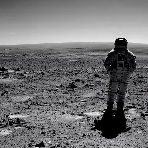 Prompt: a still black and white photograph of an astronaut listening to music on a deserted planet