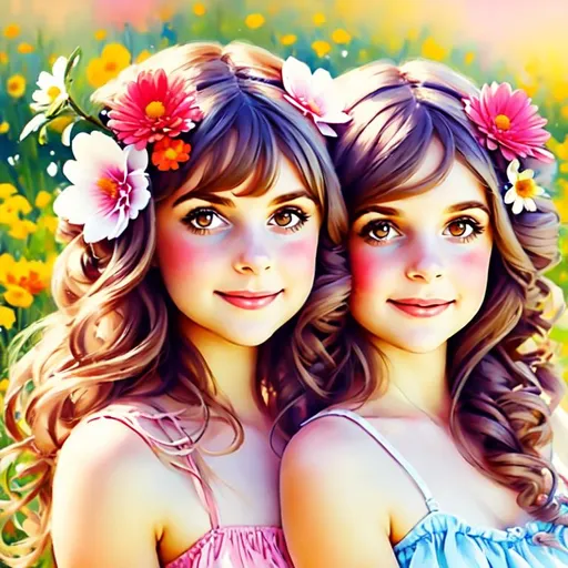 Prompt: two  cute girls, flowers in hair, surrounded by flowers
