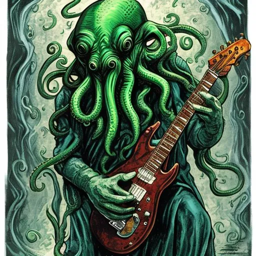 Prompt: Cthulhu playing a rock guitar