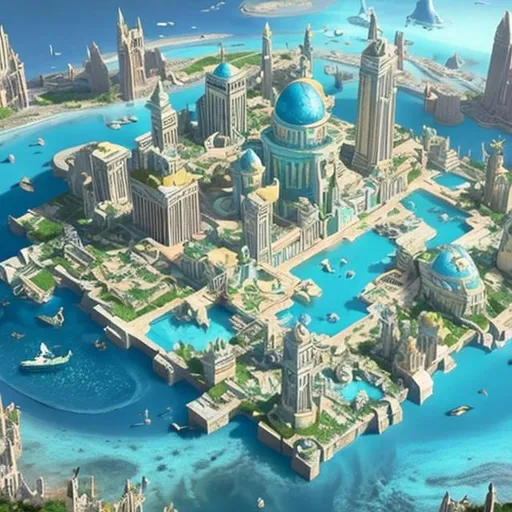 Prompt: Create an image of the world exhibition in 2050, which takes place on a floating island called Atlantis. The island has the ability to move. It is positioned along a coastline.