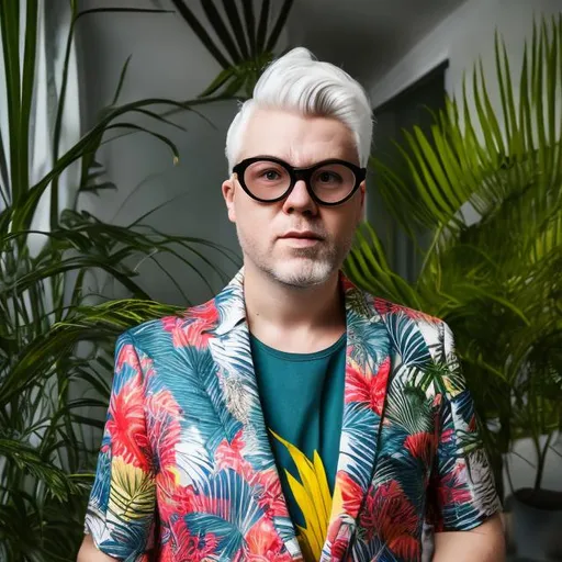 Prompt: Norwegian DJ with short, white hair. Danish modern house with tropical plants. Large bifocals. Blazer. He has a dog.