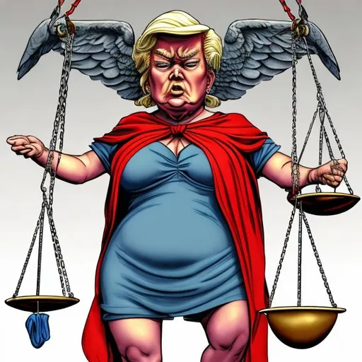 Prompt: Legal "Blindfolded Lady Justice with scales" in the Department of Justice courtroom judging "crybaby  obese little toddler Donald Trump with red tie and dark-blue suit" being "weighed on the scales of Lady Justice" Sergio Aragonés MAD Magazine-style