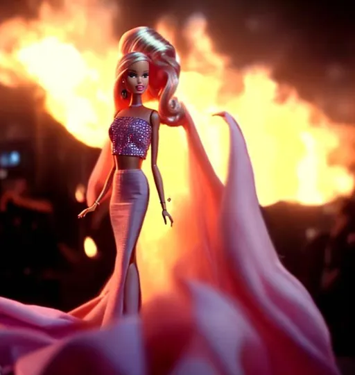 Prompt: Pretty Barbie in a long gown in a bomb blasting scene