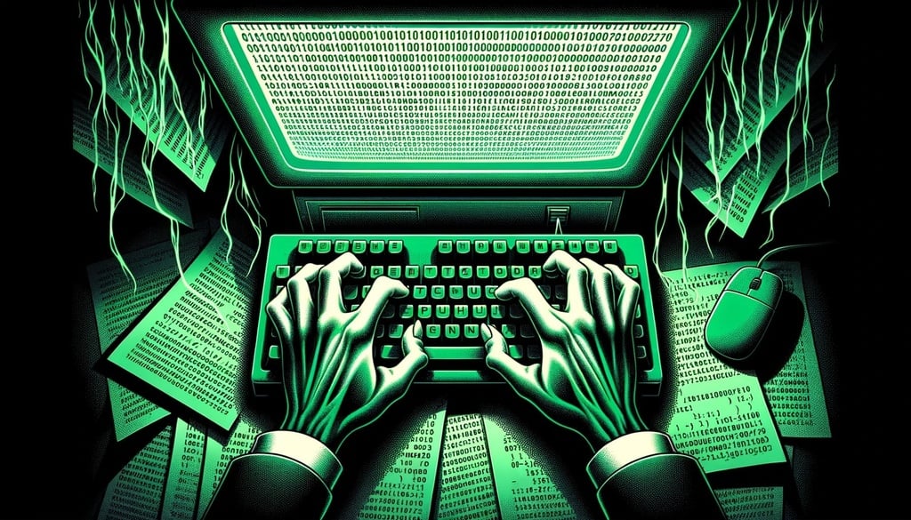 Prompt: Illustration of a pair of hands typing furiously on a retro keyboard, illuminated only by the ghostly green glow of ASCII characters from an old computer screen. The surrounding room is filled with shadows, and the walls are covered in pages with green ASCII symbols.