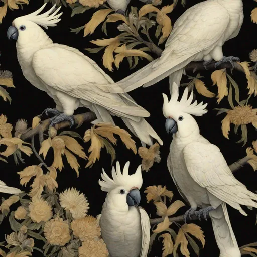 Prompt: (sulfur crested cockatoos) by [Mary Delany|William Morris|rifle paper co], black background, seamless