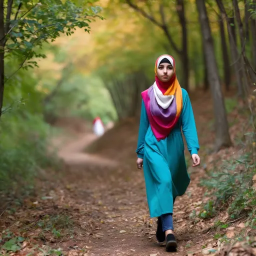 Prompt: Teenage Palestinian Girl weaing a colorful hijab walking down a path in the woods