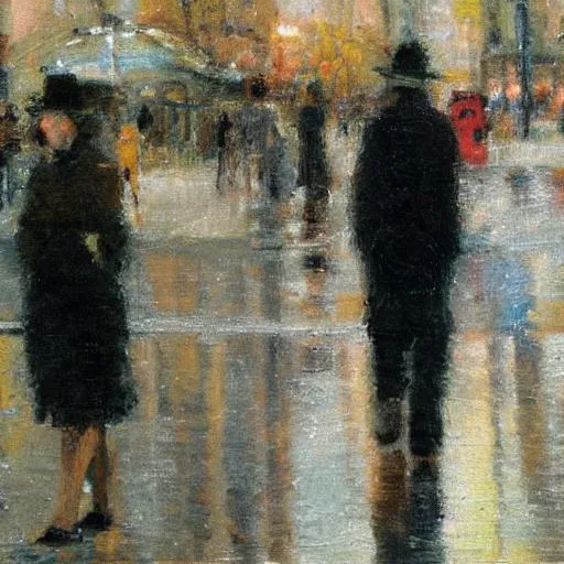 Prompt: french impressionism soft focus human figures street reflections
