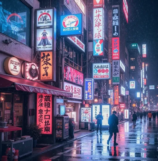 Prompt: Japanese city street, bustling night scene, people walking in the rain, vivid neon signs illuminating buildings, reflections on wet pavement, vibrant advertisements, cyberpunk aesthetics, engaging atmosphere, maximalist design, striking contrasts of light and shadow, unique characters interacting, ultra-detailed, high-quality 4K, moody ambiance, ethereal raindrops glistening in colorful light, a fusion of culture and technology.