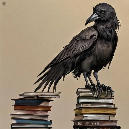 Prompt: three legged crow sitting on books