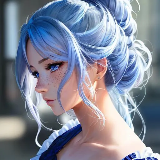 Prompt: extremely realistic, hyperdetailed, long blue wavy hair in a messy bun anime girl, face full of freckles, mechanics, highly detailed face, highly detailed eyes, highly detailed body, full body, whole body visible, full character visible, soft lighting, high definition, ultra realistic, 2D drawing, 8K, digital art