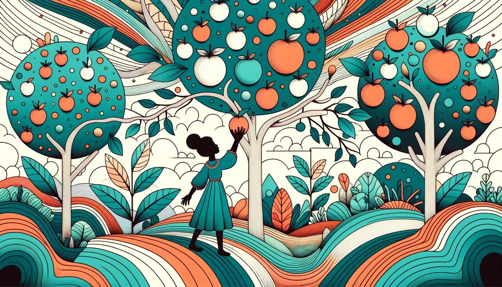 Prompt: Wide drawing of a playful orchard scene, where a woman with African descent is reaching out for a unique fruit in a tree, surrounded by a whimsical environment painted in shades of turquoise and orange.