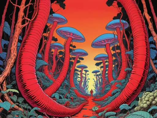 Prompt: Red alien jungle, filled with screaming trees with mouth-like organs on trunks, and giant worms wriggling on the forest floor, psychedelic, in style of Moebius