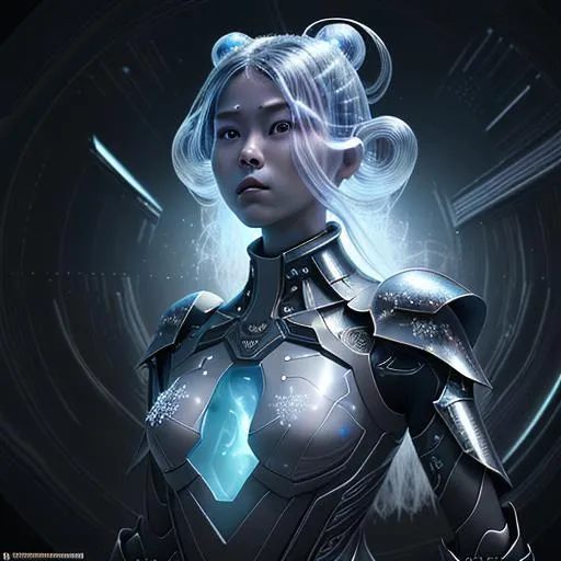 Prompt: splash art, hyper detailed, hyper realistic, highly detailed, dark, surreal heavy mist, floating at the edge of the Universe, in an alien observatory spaceship, 

create a 70% transparent computer generated hologram of an exquisite, beautiful, totally ultra realistic young adult Asian Time Travel Warrior, in an offensive stance, wearing Snowflake Obsidian armor,

Gorgeous detailed facial features, long legs, vibrant sumptuous, perfect body, ultra pale, visible midriff, ((perfect curly red hair)), magically created armor, heavy iron collar, 

Perfect studio lighting, perfect shading. HDR, UHD, high res, 64k, cinematic lighting, special effects, hd octane render, professional photograph, trending on artstation, .