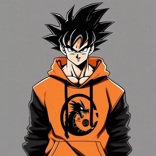 Prompt: Goku, wearing an orange and black hoodie, with black jeans, and an Orange and Black Dragon logo.