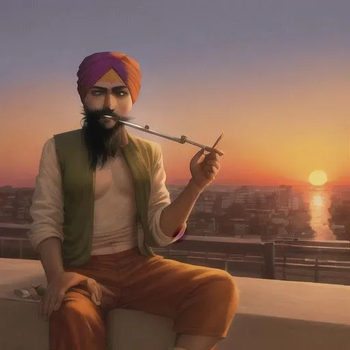 Prompt: Sikh man smoking joint in the sunset, hd, hyperrealism