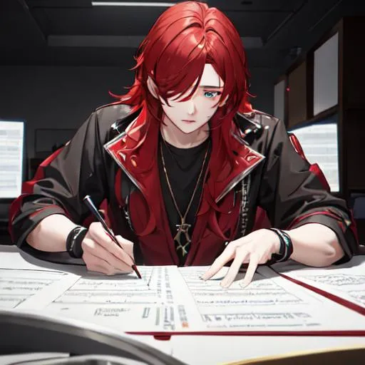 Prompt: Zerif 1boy (Red side-swept hair covering his right eye) as a young adult composing music, UHD, 8K, highly detailed, 